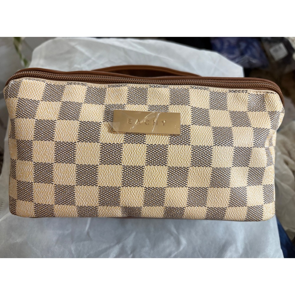 EACHY Brown Checkered PU Leather Cosmetic Travel Bag Makeup Organizer Case